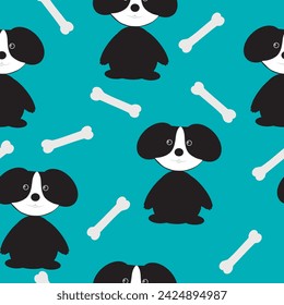 Nahtloses Muster mit einem Hund und einem Knochen auf türkisfarbenem Hintergrund. Vektorgrafiken