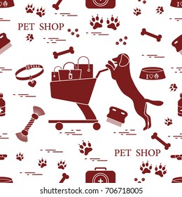 Seamless pattern: dog, bowl, shopping cart with gift bags, traces, bone, brush, collar, first aid kit. Health care, vet, nutrition, exhibition.