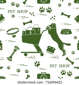 Seamless pattern: dog, bowl, shopping cart with gift bags, traces, bone, brush, collar, first aid kit. Health care, vet, nutrition, exhibition.