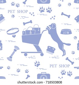 Seamless pattern: dog, bowl, shopping cart with gift bags, traces, bone, brush, collar, first aid kit. Health care, vet, nutrition, exhibition.