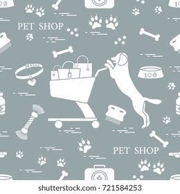 Seamless pattern: dog, bowl, shopping cart with gift bags, traces, bone, brush, collar, first aid kit. Health care, vet, nutrition, exhibition.