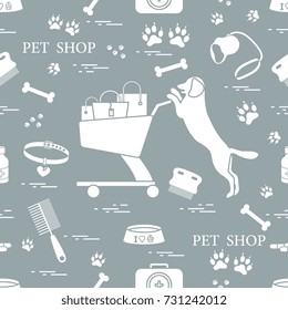 Seamless pattern: dog, bowl, shopping cart with gift bags, traces, bone, brush, collar, first aid kit. Health care, vet, nutrition, exhibition.