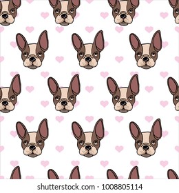 Seamless pattern with dog breed pug in red knitted hat, with heart for Happy Valentine's day. It can be used for packaging, wrapping paper, textile and etc.