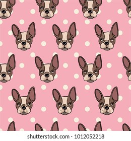 Seamless pattern with dog breed pug, with polka dots background. It can be used for packaging, wrapping paper, textile and etc.