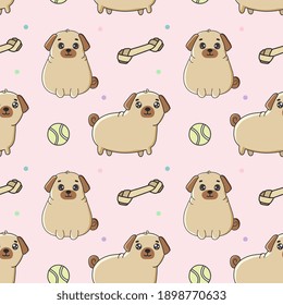 Seamless pattern with сute dog breed pug and dog toys. Excellent design for packaging, wrapping paper, textile etc.