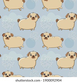 Seamless pattern with сute dog breed pug. Excellent design for packaging, wrapping paper, textile etc. Funny little doggy