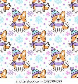 Seamless pattern with сute dog breed welsh corgi in hat and scarf with snowflakes, on white background. Excellent design for packaging, wrapping paper, textile etc.