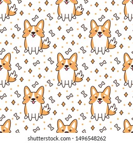 Seamless pattern with dog breed welsh corgi on a white background with hearts, stars, bones. It can be used for packaging, wrapping paper, textile and etc.