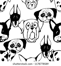 Seamless pattern with Dog breeds. Bulldog, Husky, Alaskan Malamute, Retriever, Doberman, Poodle, Pug, Shar Pei, Dalmatian. Hand drawn black and white vector illustration Doodle style design