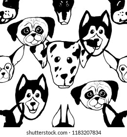 Seamless pattern with Dog breeds. Bulldog, Husky, Alaskan Malamute, Retriever, Doberman, Poodle, Pug, Shar Pei, Dalmatian. Hand drawn black and white vector illustration Doodle style design