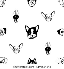 Seamless pattern with Dog breeds. Bulldog, Husky, Alaskan Malamute, Retriever, Doberman, Poodle, Pug, Shar Pei, Dalmatian. Hand drawn black and white vector illustration Doodle style design