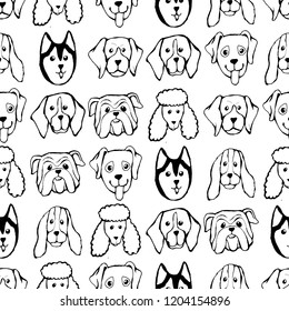 Seamless pattern with Dog breeds. Bulldog, Husky, Alaskan Malamute, Retriever, Doberman, Poodle, Pug, Shar Pei, Dalmatian. Hand drawn black and white vector illustration Doodle style design