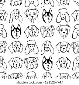 Seamless pattern with Dog breeds. Bulldog, Husky, Alaskan Malamute, Retriever, Doberman, Poodle, Pug, Shar Pei, Dalmatian. Hand drawn black and white vector illustration Doodle style design