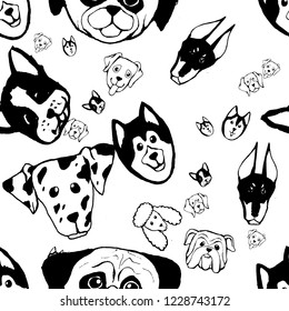 Seamless pattern with Dog breeds. Bulldog, Husky, Alaskan Malamute, Retriever, Doberman, Poodle, Pug, Shar Pei, Dalmatian. Hand drawn black and white vector illustration Doodle style design