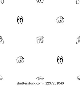 Seamless pattern with Dog breeds. Bulldog, Husky, Alaskan Malamute, Retriever, Doberman, Poodle, Pug, Shar Pei, Dalmatian. Hand drawn black and white vector illustration Doodle style design