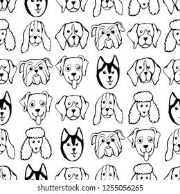 Seamless pattern with Dog breeds. Bulldog, Husky, Alaskan Malamute, Retriever, Doberman, Poodle, Pug, Shar Pei, Dalmatian. Hand drawn black and white vector illustration Doodle style design