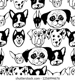 Seamless pattern with Dog breeds. Bulldog, Husky, Alaskan Malamute, Retriever, Doberman, Poodle, Pug, Shar Pei, Dalmatian. Hand drawn black and white vector illustration Doodle style design