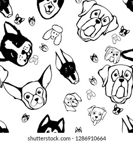 Seamless pattern with Dog breeds. Bulldog, Husky, Alaskan Malamute, Retriever, Doberman, Poodle, Pug, Shar Pei, Dalmatian. Hand drawn black and white vector illustration Doodle style design