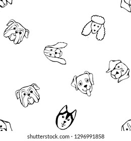 Seamless pattern with Dog breeds. Bulldog, Husky, Alaskan Malamute, Retriever, Doberman, Poodle, Pug, Shar Pei, Dalmatian. Hand drawn black and white vector illustration Doodle style design