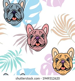 Seamless pattern with dog bulldog and tropical leaves palm trees cartoon vector illustration. Texture with pet print for baby clothes, textiles, fabrics, wallpapers.