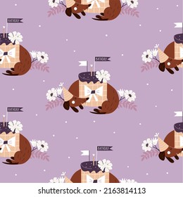 Seamless pattern with dog and cake. Festive wallpaper with dachshund in vintage style. Vector hand drawn illustration