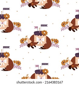 Seamless pattern with dog and cake. Festive wallpaper with dachshund in vintage style. Vector cartoon illustration