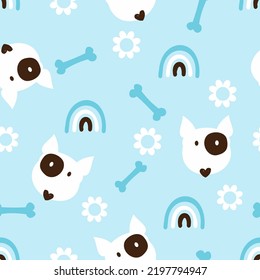 Seamless pattern with dog cartoons, bones, daisy flower and rainbows on blue background vector illustration.