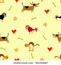 seamless pattern with dog, cat and cock