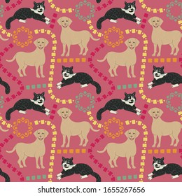 Seamless pattern of dog and cat with ethnic ornament elements. Repeatable textile vector print, wallpaper design.