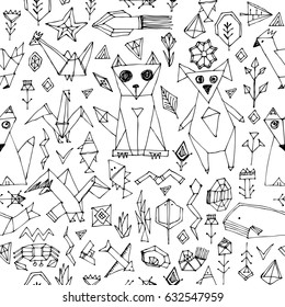 seamless pattern with Dog cat fox fish birds sea animals and plants, Black outline on white background, doodle decorative elements Stylized origami. trendy backdrop for site, blog, fabric. Vector 