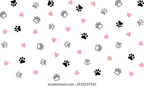 Seamless pattern of dog or cat paw prints and hearts. For t-shirts, backgrounds, patterns, websites, showcases design, greeting cards, child prints, wallpapers etc