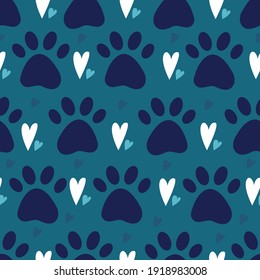 seamless pattern with dog or cat pet paw silhouette and hearts. Simple flat vector illustration background. Kitten or puppy trace. Backdrop for pet shop, breeder, pet adoption.