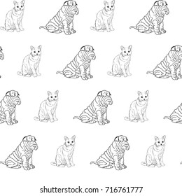 Seamless Pattern with Dog and Cat sitting pose.