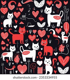 Seamless Pattern With Dog and Cat Vector, in the Style of Light Black and Red, Linear Patterns and Shapes, Humor Meets Heart, Animated Gifs, Catcore, Stenciled Iconography, Shaped Canvas