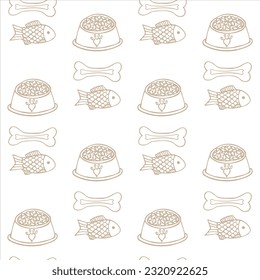 Seamless pattern with dog chew bone, cat fish, food bowl in doodle style. Background with pet toys. Vector illustration.