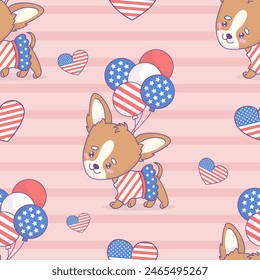 Nahtloses Muster mit Hund Chihuahua Mädchen im patriotischen Kleid mit Luftballons in den Farben Amerikanische Flagge auf gestreiftem rosa Hintergrund. Vektorillustration Design Nationalfeiertage und Unabhängigkeitstag