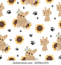 Seamless pattern with a dog. Cute french bulldog and sunflowers