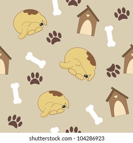 Seamless pattern with dog, doghouse, bones and paw print
