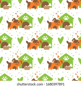 Seamless pattern with dog and doghouse. Vector illustration. Flat design elements for fabric, banner, wallpaper, gift wrap.