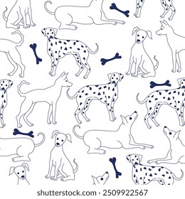 Patrón sin fisuras con dibujos de perros, líneas negras simples. Ilustración vectorial