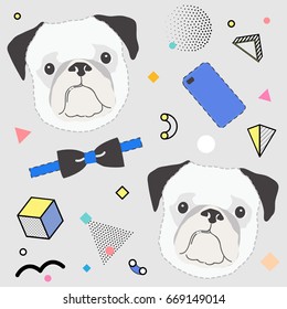 seamless pattern with dog face, memphis style in vector design