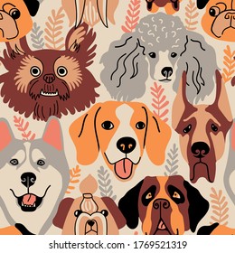 Seamless pattern with dog faces and plants. Funny husky, beagle, mastiff,  pug, poodle, shi tsu, saint bernard