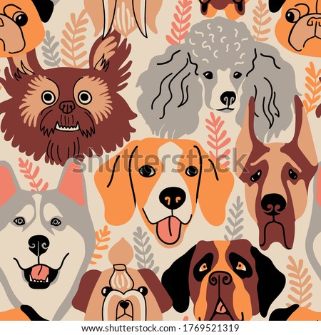 Seamless pattern with dog faces and plants. Funny husky, beagle, mastiff,  pug, poodle, shi tsu, saint bernard