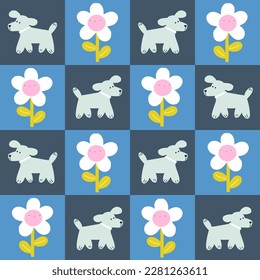 Nahtlose Muster mit Hund und Blume. Kinderlustiger Schachbrettdruck. Vektorgrafik, handgezeichnet.