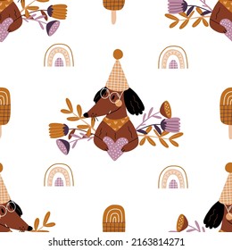 Seamless pattern with dog and flowers. Festive wallpaper with dachshund in vintage style. Vector hand drawn illustration for Valentine's day