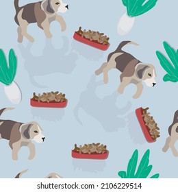 Seamless pattern with dog, food and flowerpot. Vector graphics