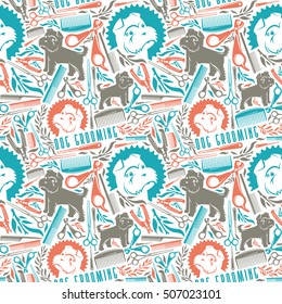 Seamless pattern dog grooming. Color print on white background