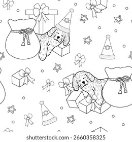 Seamless pattern with a dog in a hat, gifts and bows. Coloring book for children.