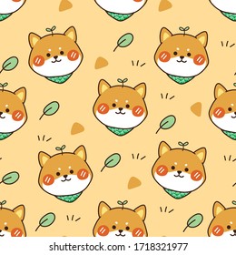 Seamless pattern of dog have leaf on head hand drawn on yellow background.Cartoon animal doodle.Kawaii shiba inu.Japanese pet.Image for card, poster,banner,wallpaper,children wear.Vector.Illustration.