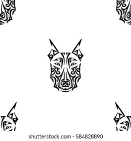 Seamless pattern with dog head stylized Maori face tattoo. Vector